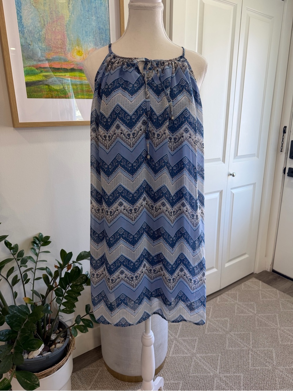 Streetwear Society Blue Chevron Halter Neck Lined Mini Dress Size Large Y2K
